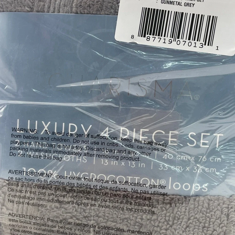 Charisma Towel Set Unisex 4PK Grey NEW Hygro Cotton Luxury CSDH-TW-HW-03